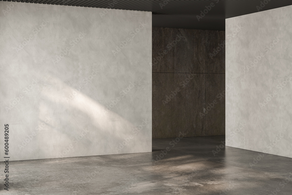 Modern interior design of apartment, empty interior with concrete flooring, windows, and suitable for various furniture and home decor mockups, panorama. 3d rendering