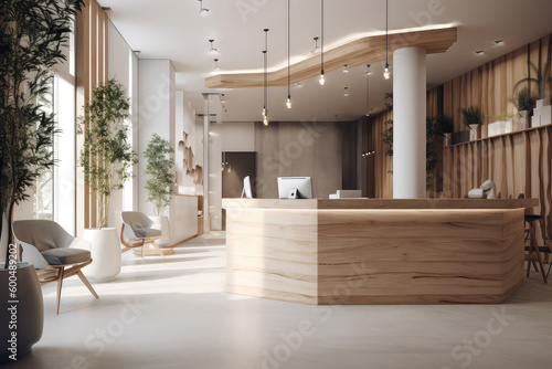 Contemporary Reception Counter Design. Stylish and Functional Lobby Area with Modern Interior in White and Wood. AI Generative photo