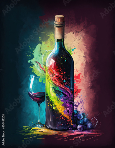 colorful painting glass of red wine, bottle and grape. Generative AI