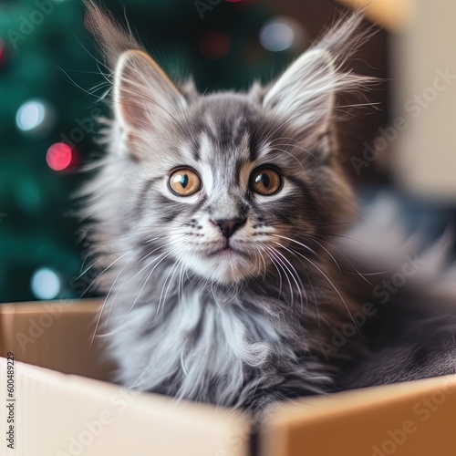 Young cat sitting in a cardboard box during Christmas time, xmas lights in the background. Adorable cute maine coon kitten. Generative AI © Caphira Lescante