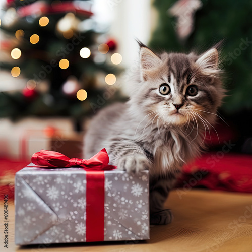 Adorable young cat sitting near a gift box, Christmas tree in the background. Maine coon kitten with present box and bow. Generative AI. © Caphira Lescante