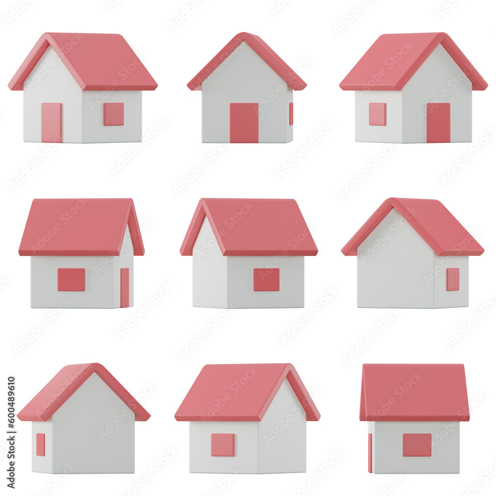 Set of red houses on transparent background, PNG transparent, 3d