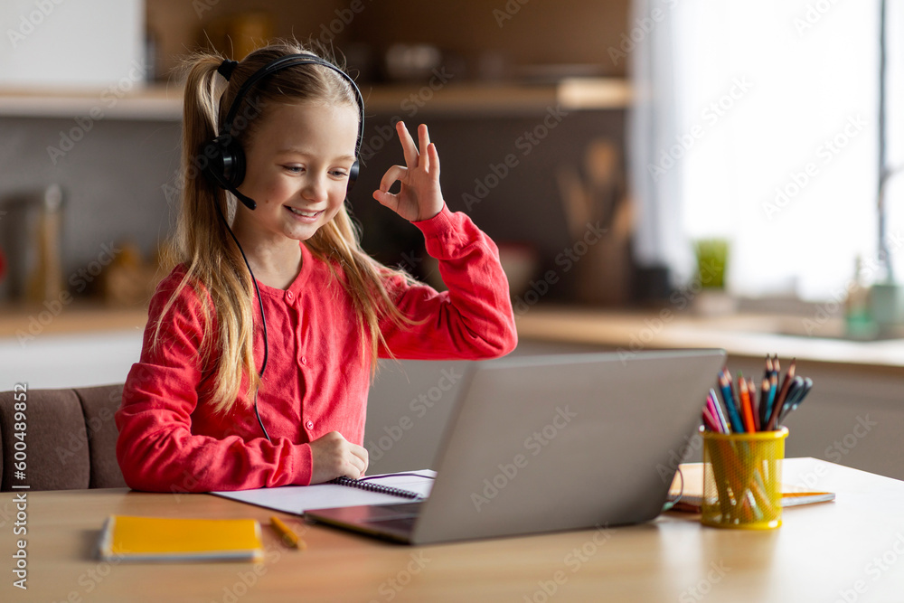 Little Girl Having Video Call On Laptop At Home, Showing Ok Gesture Little Girl Having Video Call On Laptop At Home, Showing Ok Gesture
