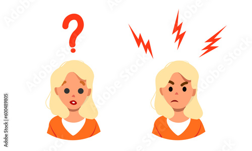 Angry and confused woman face with lightning and question mark. Vector flat character, negative emotions concept. On edge avatar isolated on white background. Mental health vector illustration.