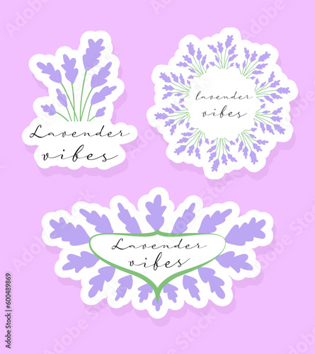 Lavender sticker set. Cute vector notebook label clip art. Lavender vibes quote. Floral wreath.