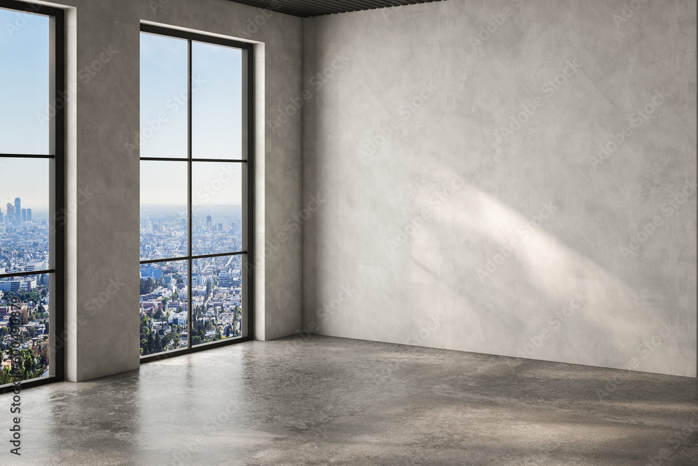 Modern interior design of apartment, empty interior with concrete flooring, windows, and suitable for various furniture and home decor mockups, panorama. 3d rendering Modern interior design of apartment, empty interior with concrete flooring, windows, and suitable for various furniture and home decor mockups, panorama. 3d rendering