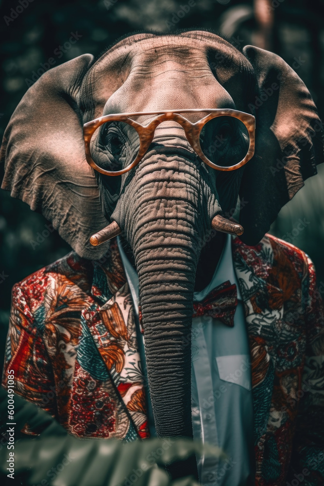 Fashionable elephant in sunglasses and colorful suit in tropical rain forest, created with Generative AI.