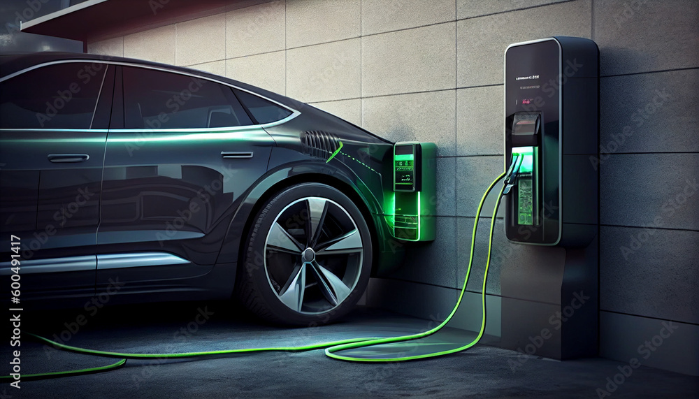 Electric car charging in power station. Eco green environment Ai generated image