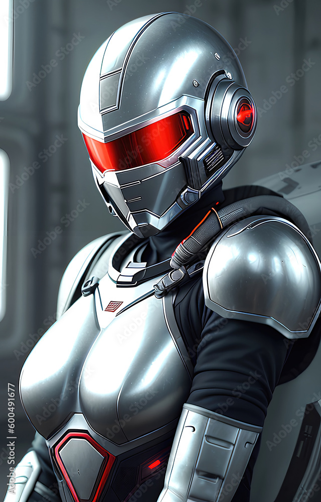 Future female soldier in cybernetic metal full body armor, superhero fantastic and futuristic background. Generative Ai. Future female soldier in cybernetic metal full body armor, superhero fantastic and futuristic background. Generative Ai.