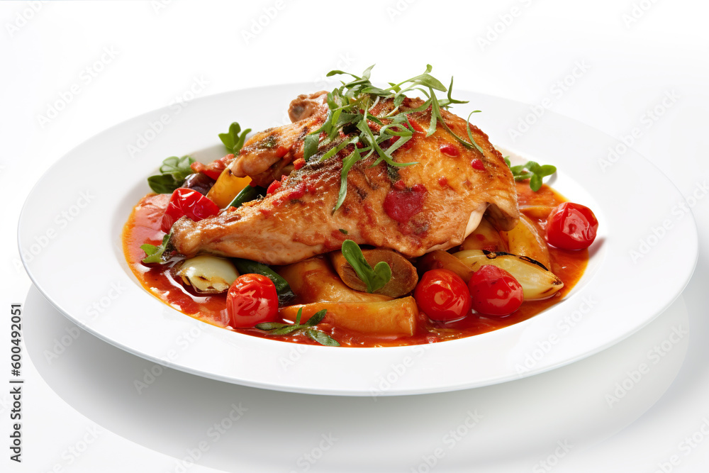 Cacciatore - chicken or rabbit dish with tomatoes, onions, and peppers. Generative AI. Cacciatore - chicken or rabbit dish with tomatoes, onions, and peppers. Generative AI.
