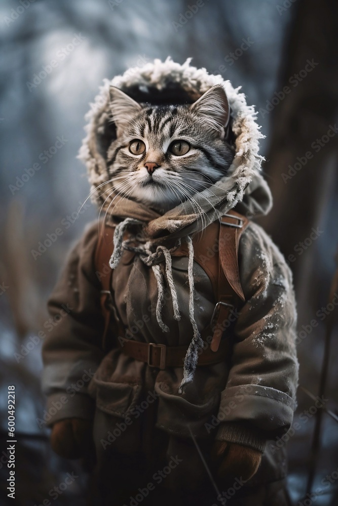 A cat in winter jacket, Generative AI illustrations