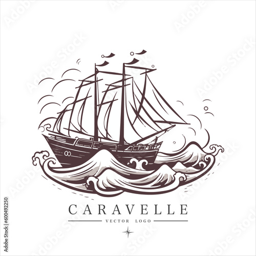 Sailing boat, caravelle, frigate on the water, vector logo emblem in asian style