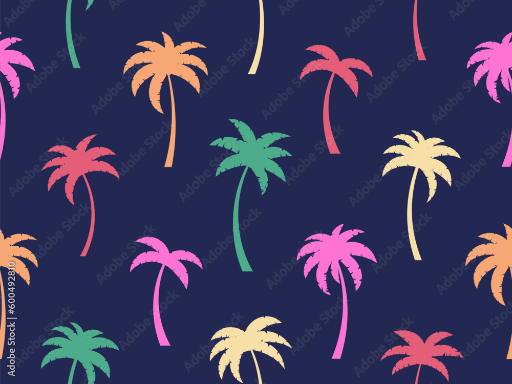 Colorful palm trees seamless pattern.  Summer time, wallpaper with tropical palm trees pattern. Design for printing t-shirts, banners and promotional items. Vector illustration - obrazy, fototapety, plakaty 