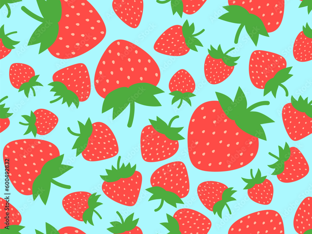 Seamless pattern with red strawberries on a blue background. Red strawberries with seeds. Sweet strawberries with green tips. Design for posters, wrapping paper and wallpapers. Vector illustration Seamless pattern with red strawberries on a blue background. Red strawberries with seeds. Sweet strawberries with green tips. Design for posters, wrapping paper and wallpapers. Vector illustration