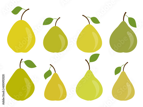 Pear set isolated on white background. Green pears with one leaf. Pears icon collection. Design for printing on fabric, banners and promotional items. Vector illustration