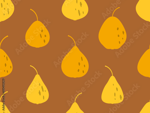 Seamless pattern with pears on a brown background. Fruit pear in a minimalist style. Design for printing on fabric, banners and promotional items. Vector illustration