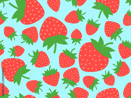 Seamless pattern with red strawberries on a blue background. Red strawberries with seeds. Sweet strawberries with green tips. Design for posters, wrapping paper and wallpapers. Vector illustration