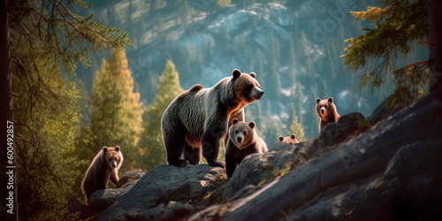 bear family in their natural habitat, surrounded by trees and mountains. Generative AI