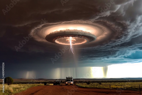 Alien UFO space ship coming out of the clouds in a field. Ai generated