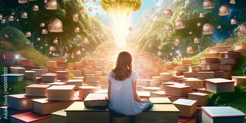 young girl sitting in a magical garden, surrounded by floating books with the covers. Generative AI