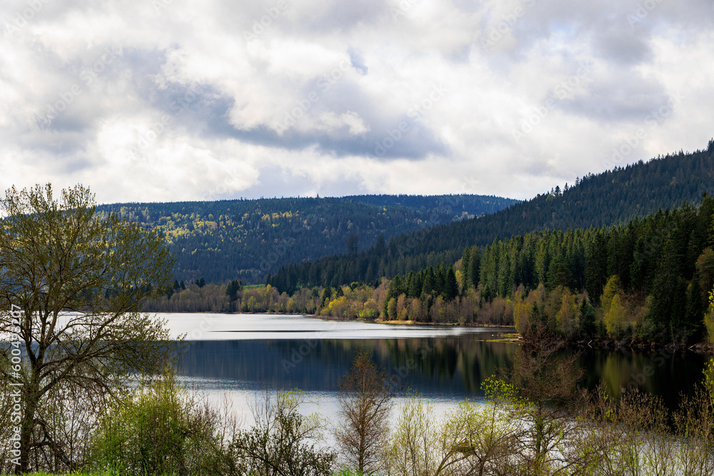 The Schluchsee in the Black Forest under cloudy sky near the town of Aha seen from the northeast
