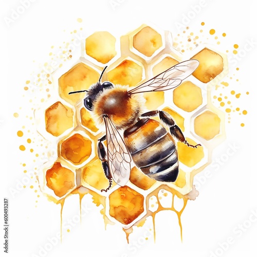 Bright colorful watercolor image of a bee on a honeycomb. Generated ai.