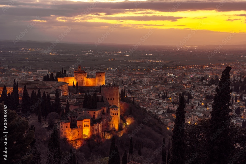 Sunset over Alhambra palace in Granada, Andalucia, Spain.