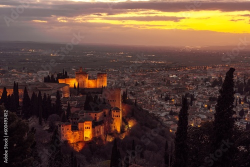 Sunset over Alhambra palace in Granada, Andalucia, Spain.