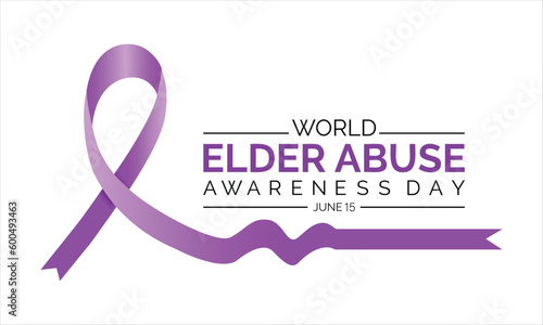 World Elder abuse awareness day June 15 . Banner, poster for awareness of elderly social problem, purple ribbon human cruelty symbol .