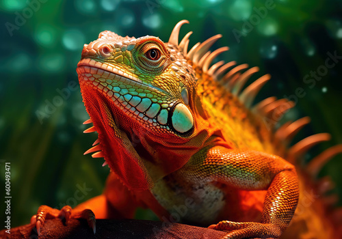 tropical iguana, bright wildlife, vibrant blured background, Generative AI © AstralAngel