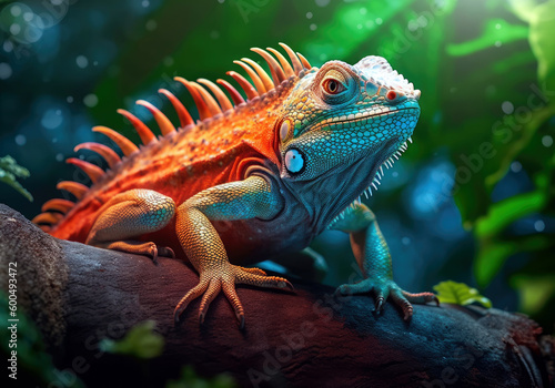 tropical iguana  bright wildlife  vibrant blured background  Generative AI