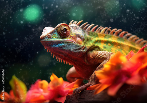 tropical iguana  bright wildlife  vibrant blured background  Generative AI