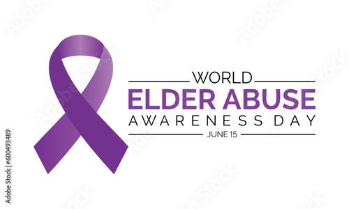World Elder abuse awareness day June 15 . Banner, poster for awareness of elderly social problem, purple ribbon human cruelty symbol .
