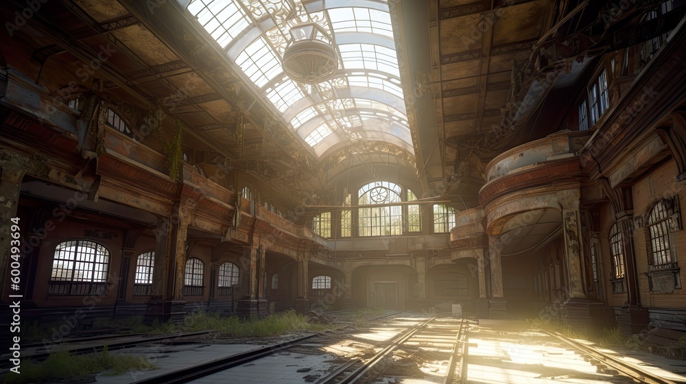 Abandoned train station illuminated with daylight. Generative AI industrial interior.