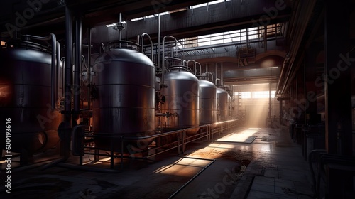 Abandoned, forgotten brewery, old damaged factory, daylight. Generative AI industrial interior.