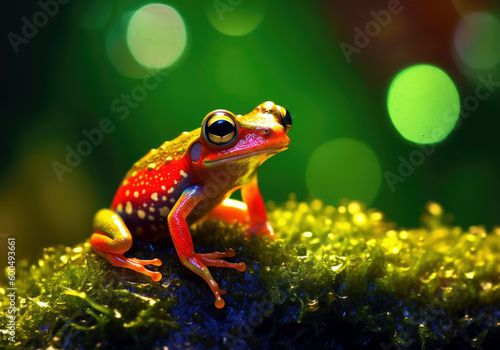 tropical frog animal, bright wildlife, vibrant blured background, Generative AI © AstralAngel