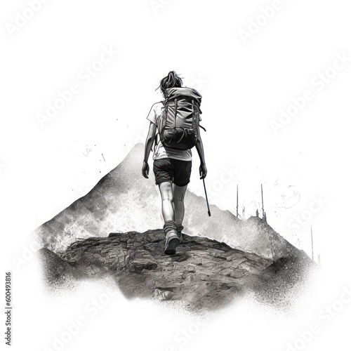 Woman hiking on mountain - Charcoal drawing - Generative AI