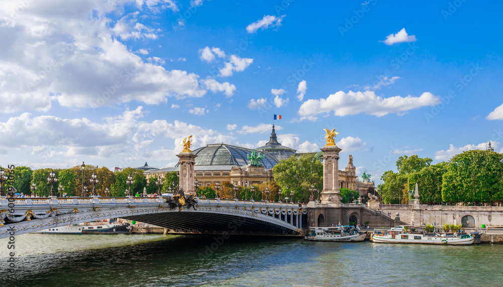 Cityscape with Seine river and bridge in Paris, France, Europe in summer