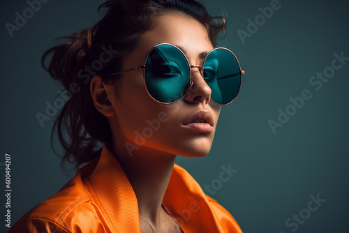 A woman wearing a bright orange jacket and sunglasses