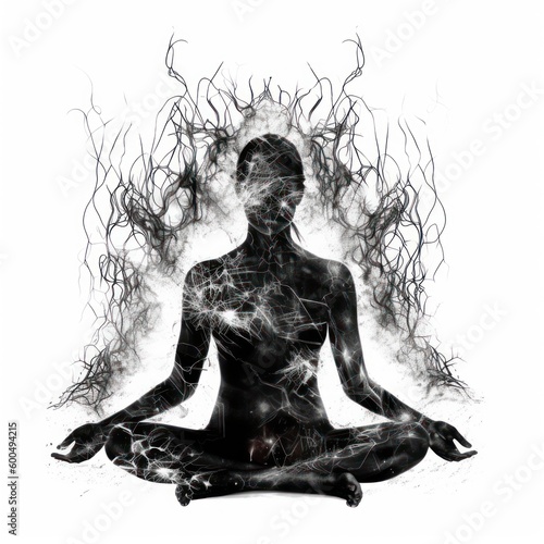 Glowing human in lotus pose - Charcoal drawing