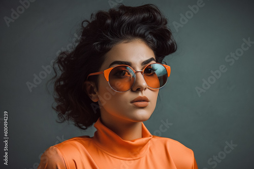 A woman wearing a bright orange jacket and sunglasses