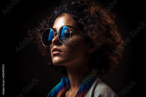 A woman wearing a bright jacket and sunglasses