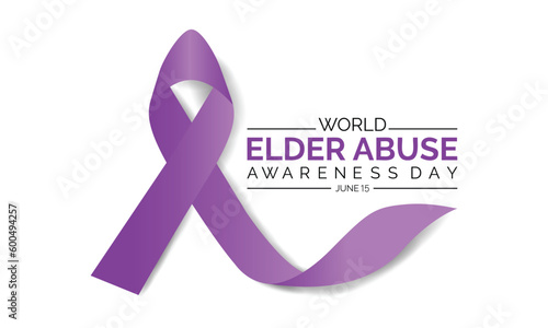 World Elder abuse awareness day June 15 . Banner, poster for awareness of elderly social problem, purple ribbon human cruelty symbol .