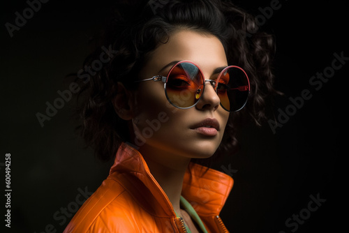 A woman wearing a bright orange jacket and sunglasses