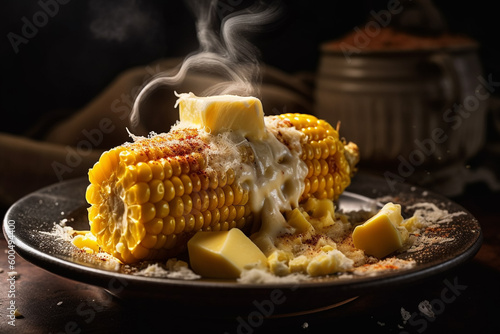 A plate of cooked corn on the cob with a steamy steam coming out of it. generative ai photo