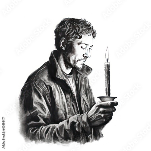 Man holding a candle - Charcoal drawing - Generative AI