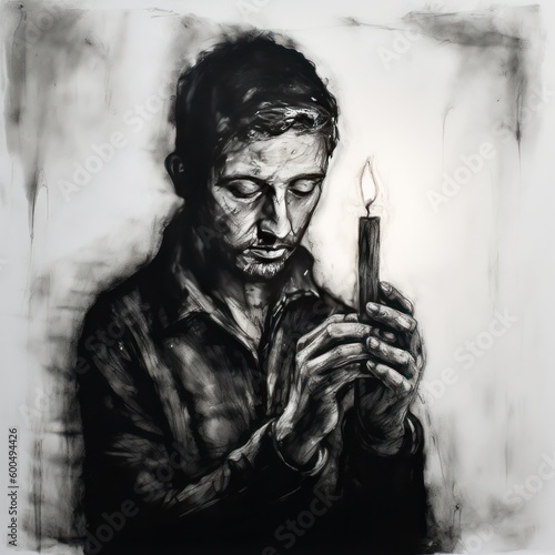 Man holding a candle - Charcoal drawing - Generative AI