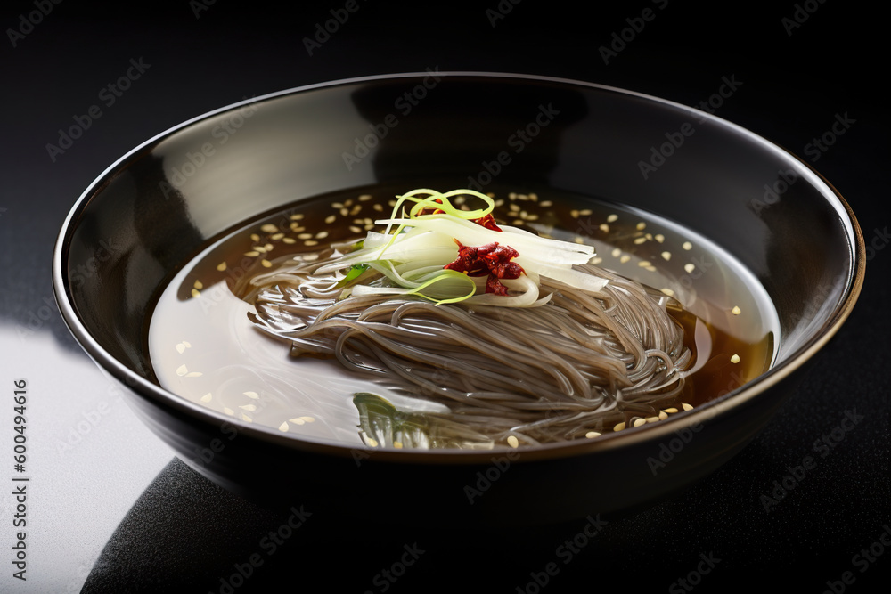 Mul naengmyeon: Cold buckwheat noodles in a clear broth, generative AI tasty dish on black table Mul naengmyeon: Cold buckwheat noodles in a clear broth, generative AI tasty dish on black table