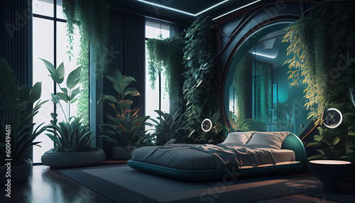Futuristic luxurious hotel bedroom with natural green plants Ai generated image 