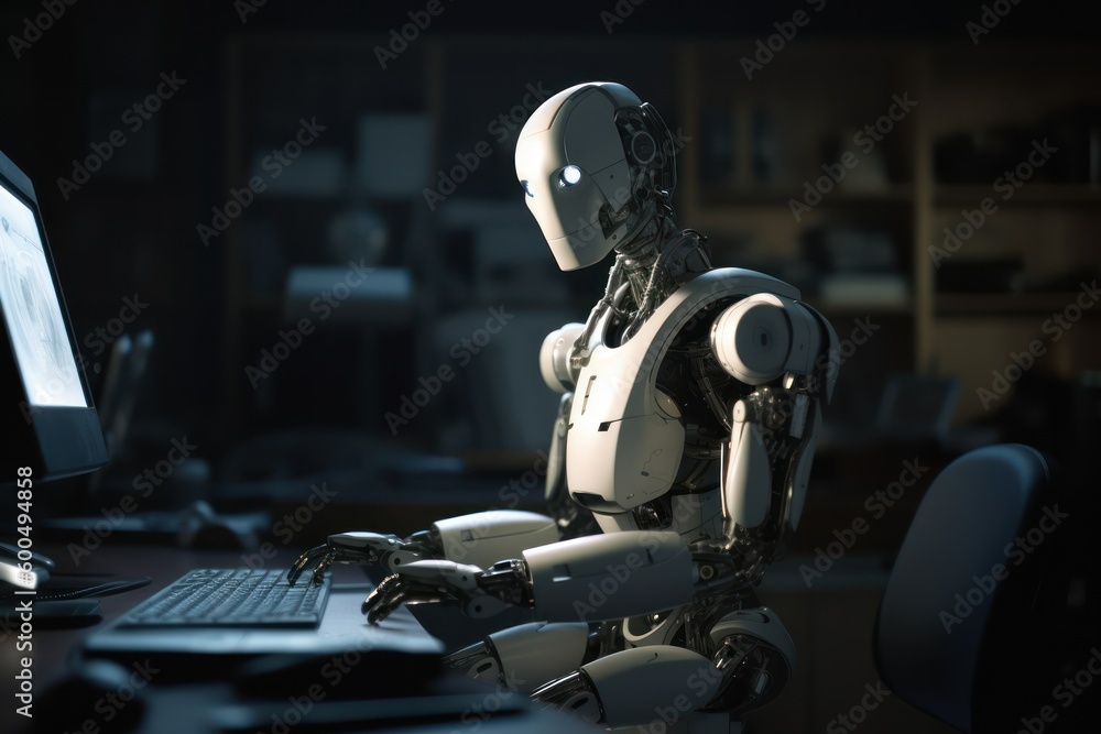 Robot sitting in front of computer - Generative AI Robot sitting in front of computer - Generative AI